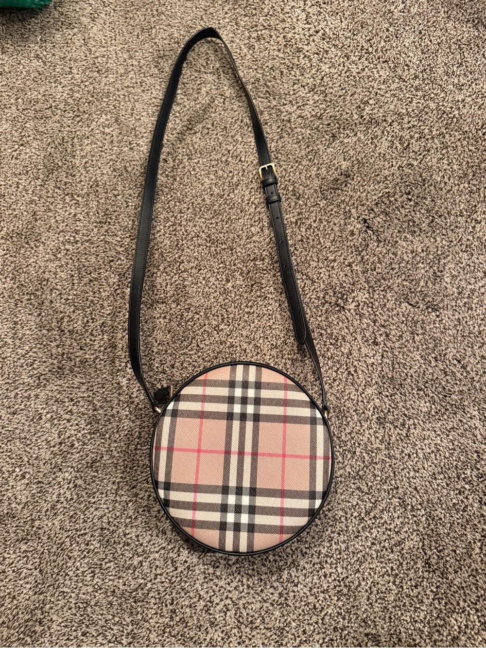 Burberry Beige Plaid Round Crossbody with Black Trim
